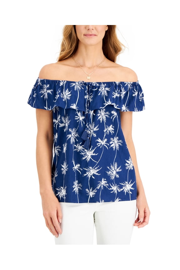 Style & Co Womens Printed Off The Shoulder Top Palm Blue S