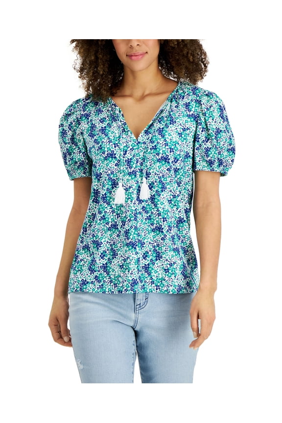Style & Co Womens Printed Puff Sleeve Tie Neck Top White Escape 2XL