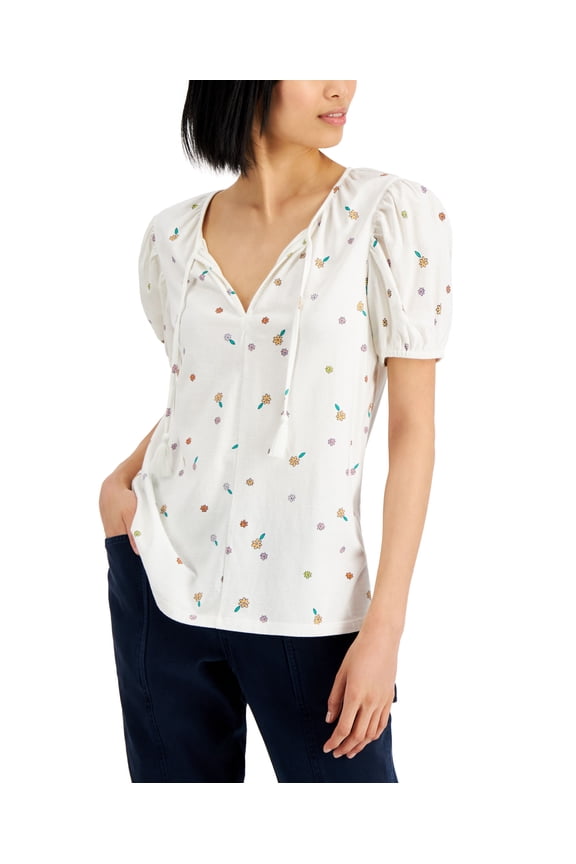 Style & Co Womens Printed Puff Sleeve Tie Neck Top White Garden L