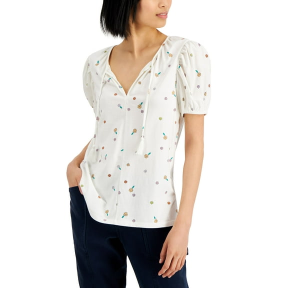 Style & Co Womens Printed Puff Sleeve Tie Neck Top White Garden M