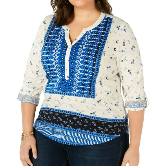 Style & Co. Womens Printed Roll-Tab Tunic Blouse, Blue, Plus Size, 2X