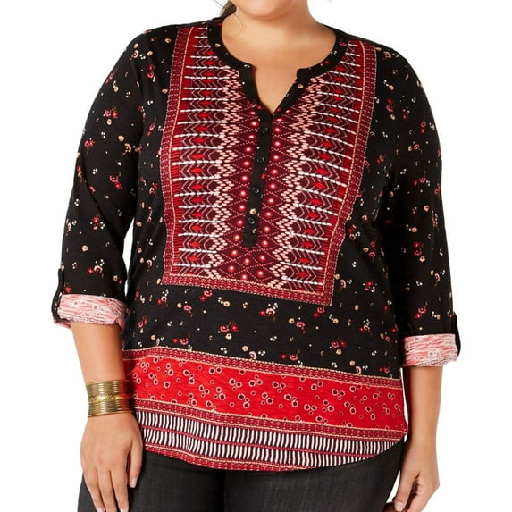 Style & Co. Womens Printed Roll-Tab Tunic Blouse, Red, Plus Size, 0X