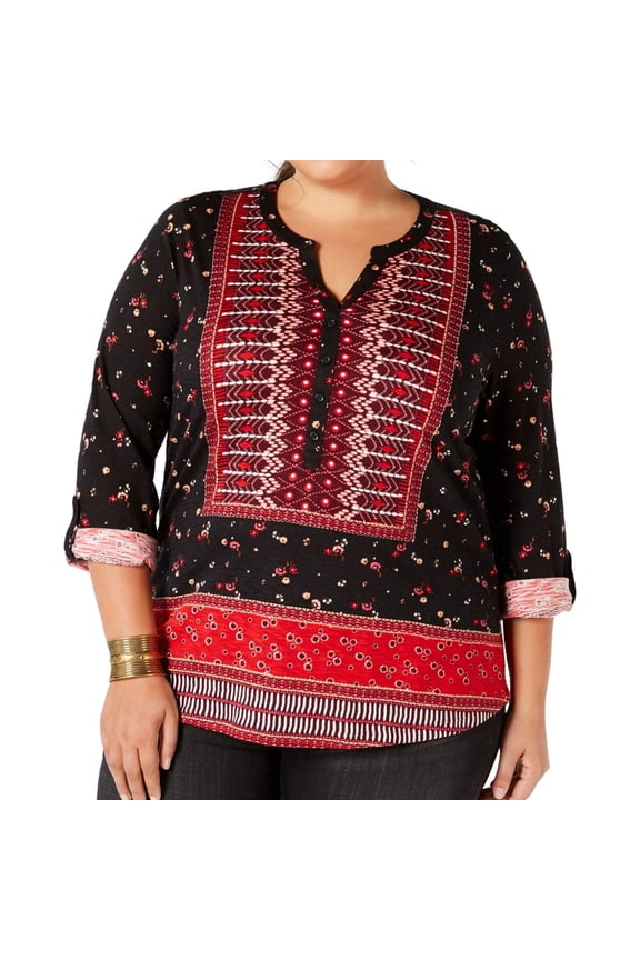 Womens Printed Roll-Tab Tunic Blouse, Red, Plus Size, 0X