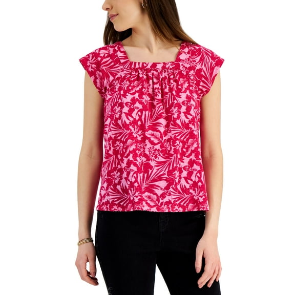 Style & Co Womens Printed Square Neck Flutter Sleeve Top Red Bar Blooms S