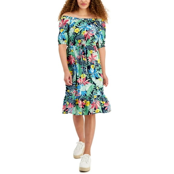 Style & Co Womens Printed Tie Waist Dress Industrial Blue S