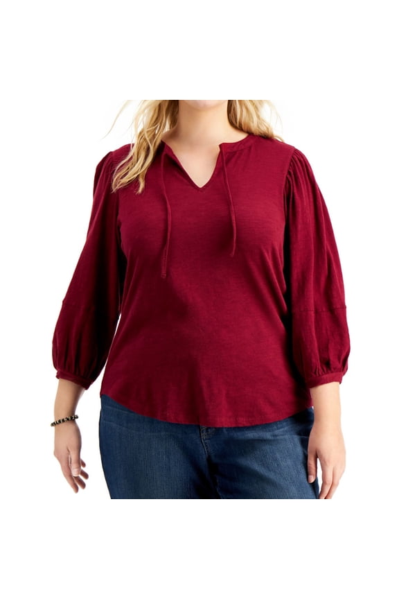 Womens Puff Sleeve Basic T-Shirt, Red, Plus Size, 0X