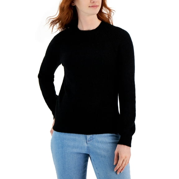 Style & Co Womens Puff Sleeve Crewneck Sweater Deep Black S