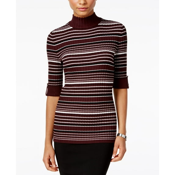 Style & Co. Womens Ribbed Knit Striped Turtleneck Sweater Purple PS