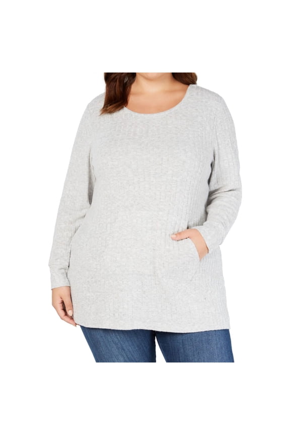 Womens Ribbed Knit Sweater, Grey, Plus Size, 3X