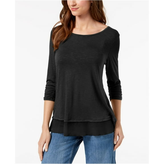 Style & Co. Womens Ruched Sleeve Pullover Blouse, Black, PM