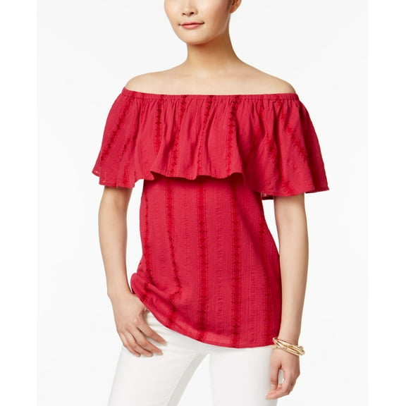 Style & Co.. Womens Ruffled Embroidered Pullover Top Pink L