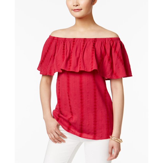 Style & Co.. Womens Ruffled Embroidered Pullover Top Pink L