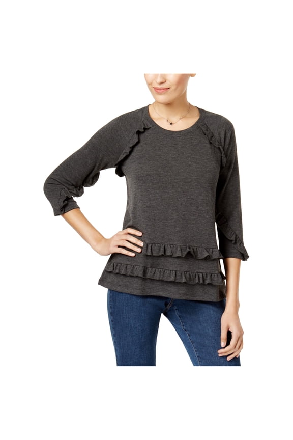 Womens Ruffled Raglan Sweatshirt, Black, Small