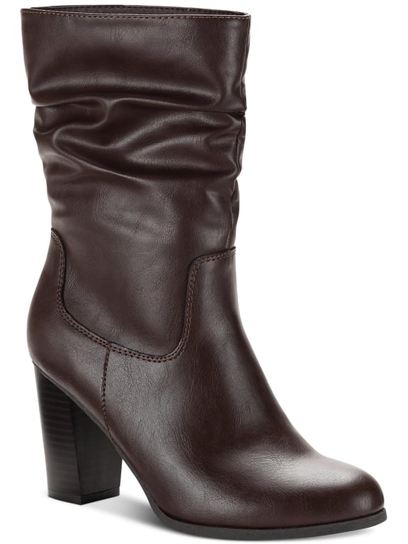 Womens Saraa Slouch Faux Leather Block Heel Mid-Calf Boots