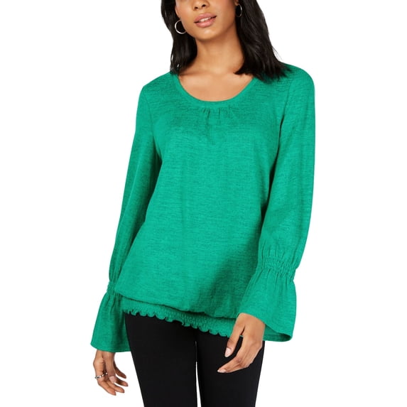 Style & Co. Womens Smocked-Hem Top, Green, Medium