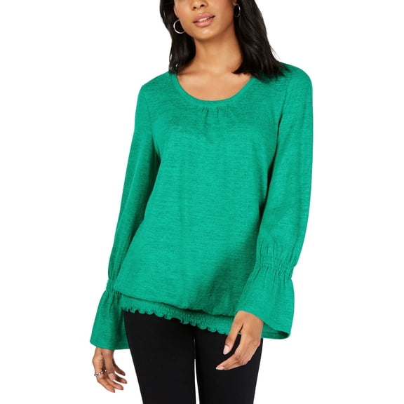 Style & Co. Womens Smocked-Hem Top, Green, Medium
