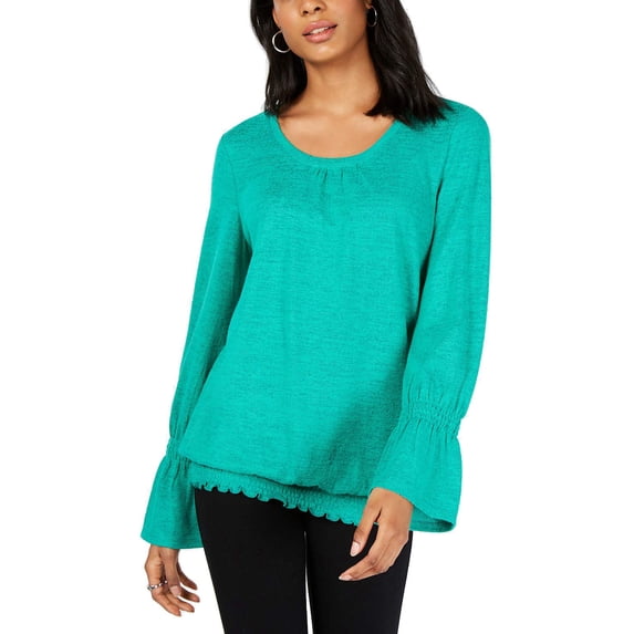 Style & Co. Womens Smocked-Hem Top, Peacock Green, Small