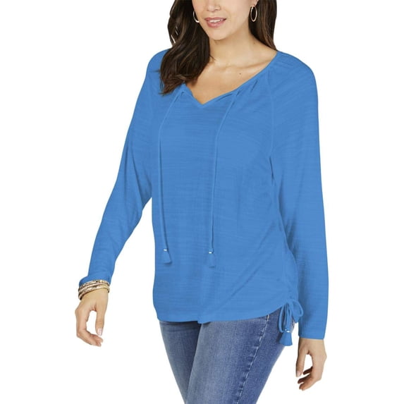 Style & Co. Womens Tassle Tie Neck Blouse, Blue, Small