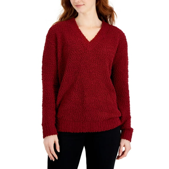Style & Co Womens Teddy Boucle V Neck Sweater Scarlet Crush L