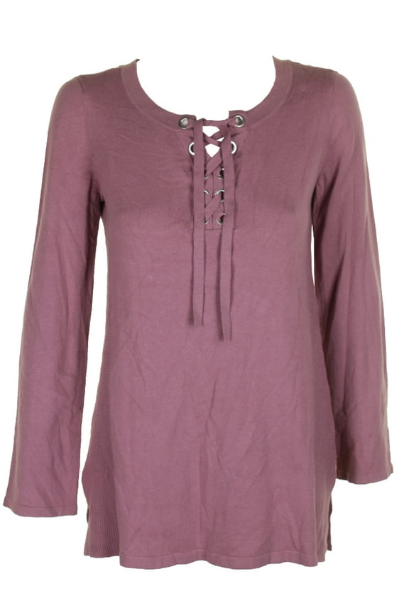 Style & Co Womens Tender Mauve Long-Sleeve Lace-Up Tunic Crew Neck Sweater XS