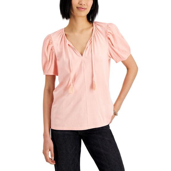 Style & Co Womens Textured Sleeve Tie Neck Top Champagne Pink XL