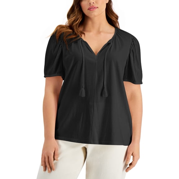 Style & Co Womens Textured Sleeve Tie Neck Top Deep Black XS