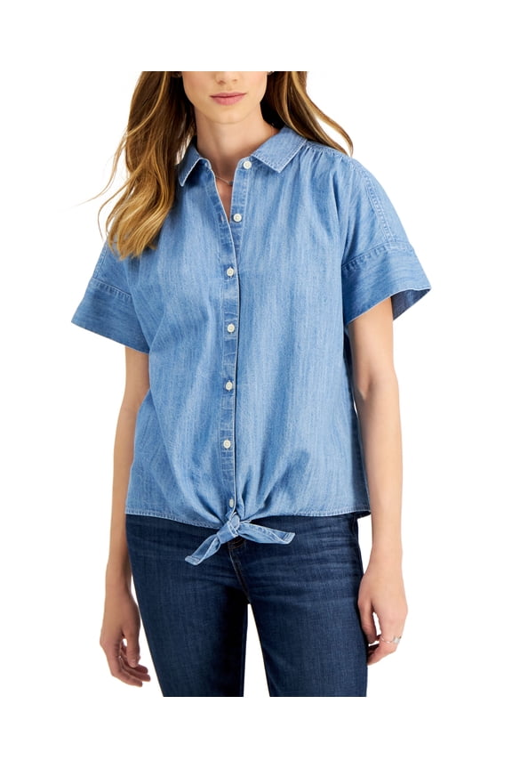 Style & Co Womens Tie Front Top Lt Chambray XS