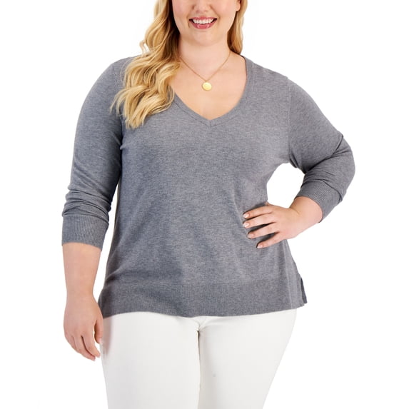 Style & Co Womens V Neck Long Sleeve Sweater Med Grey Hthr L