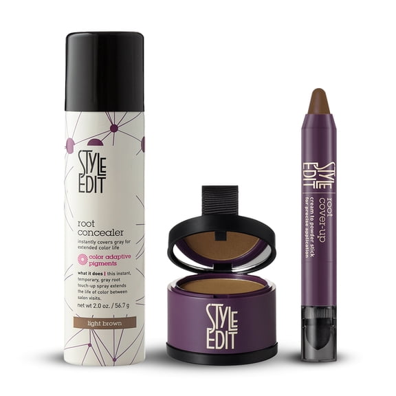 Style Edit Root Concealer Spray + Root Touchup Powder + Root Cover-Up Stick Light Brown 2.24 oz