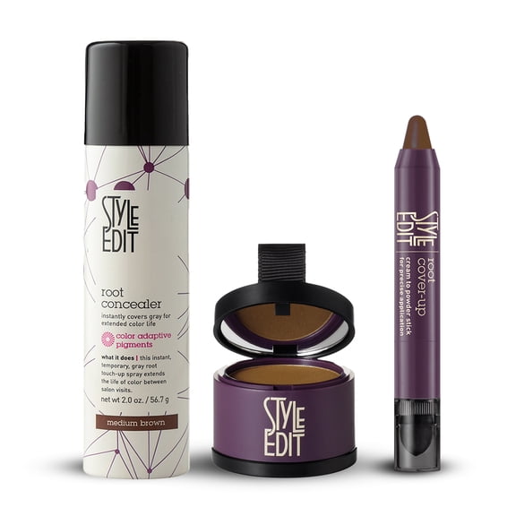 Style Edit Root Concealer Spray + Root Touchup Powder + Root Cover-Up Stick Medium Brown 2.24 oz