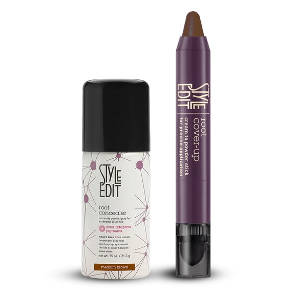 Style Edit Root Cover-Up Stick + Travel Sized Concealer Spray Medium Brown 0.86 oz