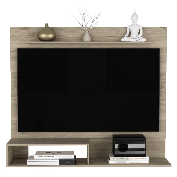 Style Floating Entertainment Center. 50-59" Tv Supported. Pine Finish. Extra Shelf For Display. Stores Multimedia Items. Easy Assembly Process Finished Center . For . Beautification. Electronic