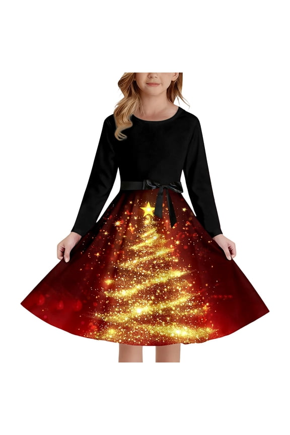 Christmas Themed Long Sleeve Dress â Tie-Up Party Gown Ages 5-14, New Year Roleplay Wear, Elegant Contrast to Girls Black Skirt Simplicity