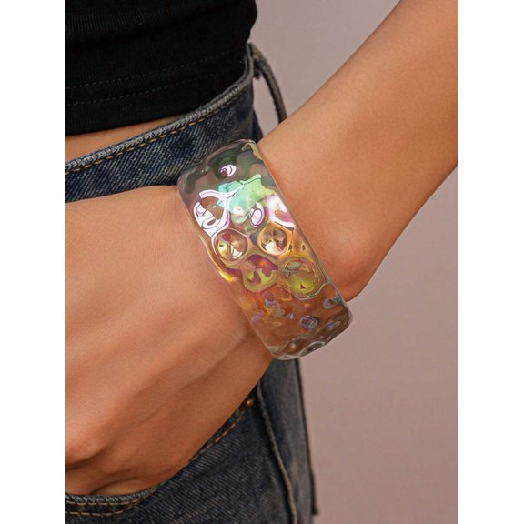 Style H Iridescent Multicolor Acrylic Asymmetrical Geometric Bangle, Modern Statement Cuff Bracelet For Women