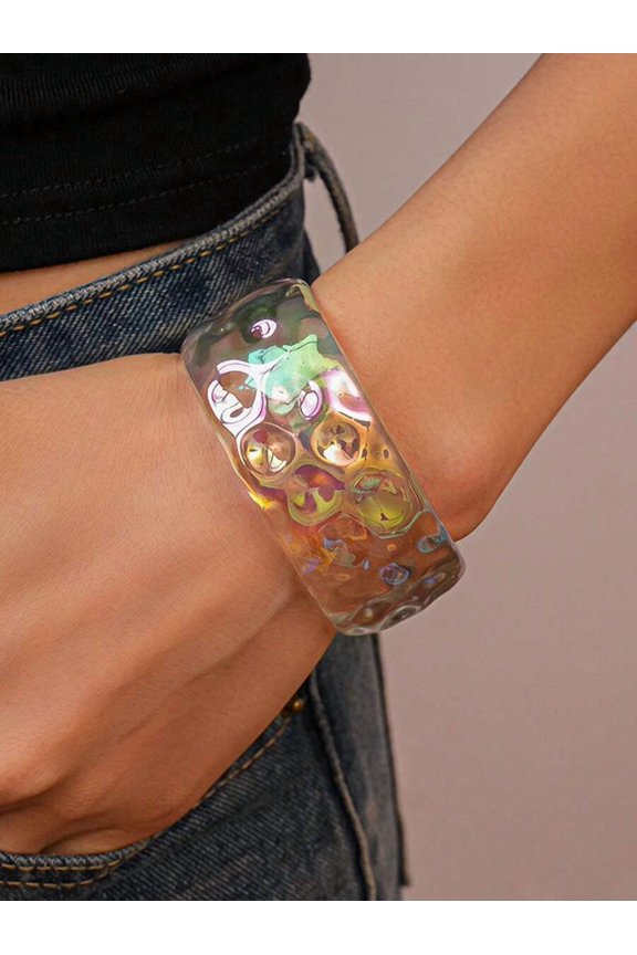 Style H Iridescent Multicolor Acrylic Asymmetrical Geometric Bangle, Modern Statement Cuff Bracelet For Women