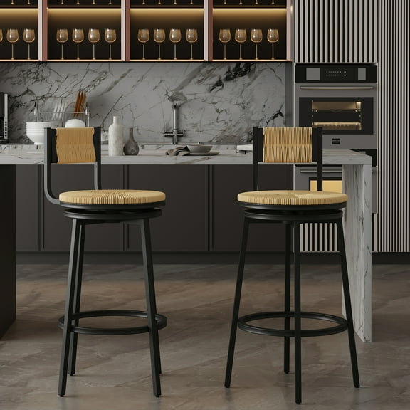Style Handwoven Counter Chairs Of 2, 360° Swivel, Honey Seat, Metal Frame For Dining Room, Kitchen 2pcs Rustic Chairs, Swivel Frame, Paper Rope Seat