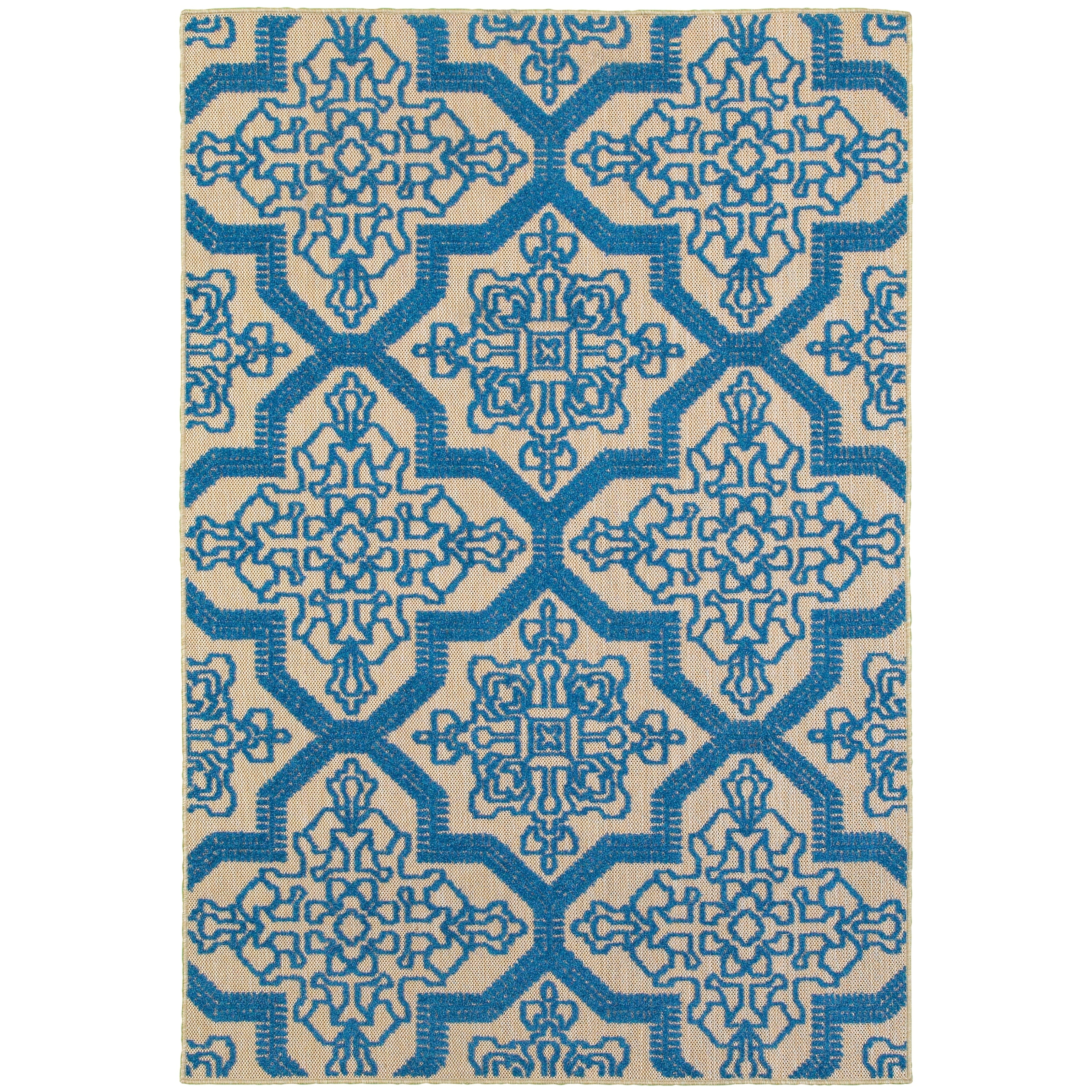 Style Haven  Cara Mixed Pile Floral Medallions Indoor/ Outdoor Area Rug Blue/Sand 1'10" x 3'3" 2' x 3' Accent, Outdoor, Indoor Entryway, Bathroom,