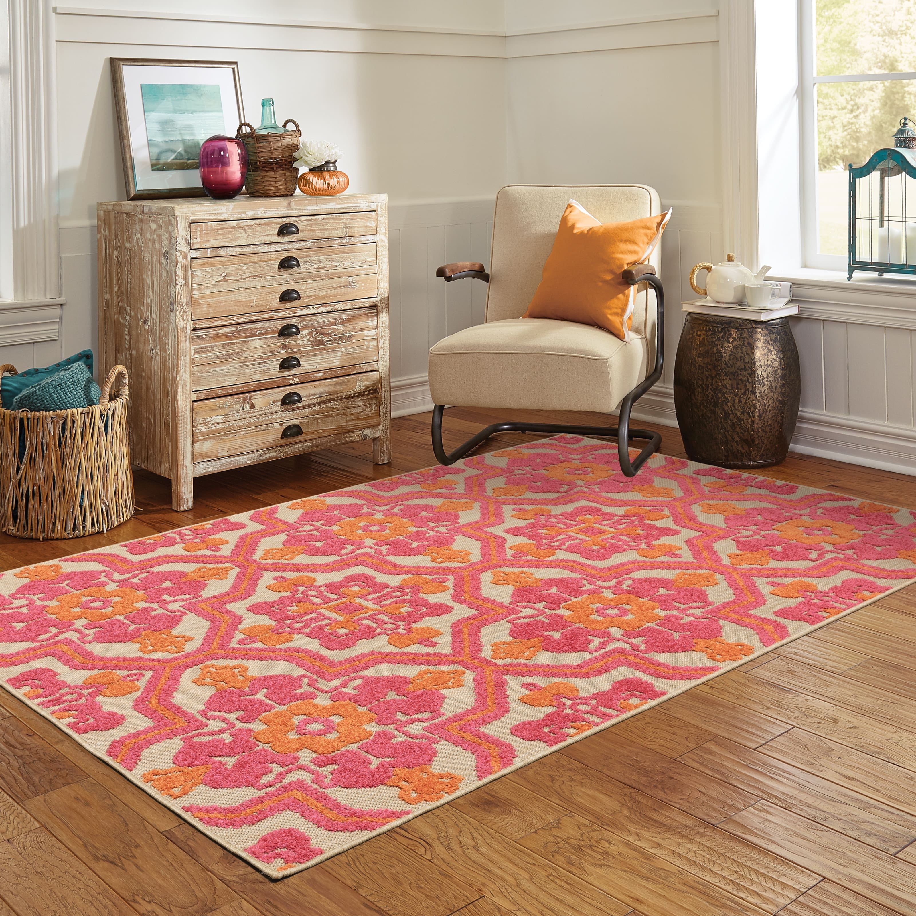 Pink and Orange Synthetic Flat Woven Trellis Area Rug
