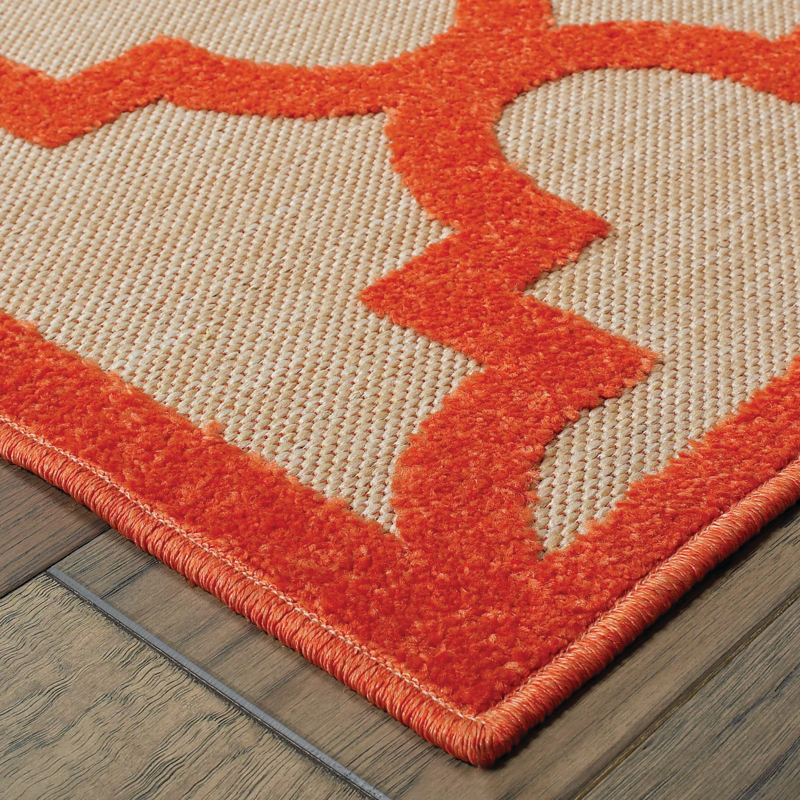 Style Haven  Cara Mixed Pile Quatrafoil Lattice Indoor/ Outdoor Area Rug Orange/Sand 6'7" x 9'6" Polypropylene Trellis, Geometric 6' x 9' Accent,