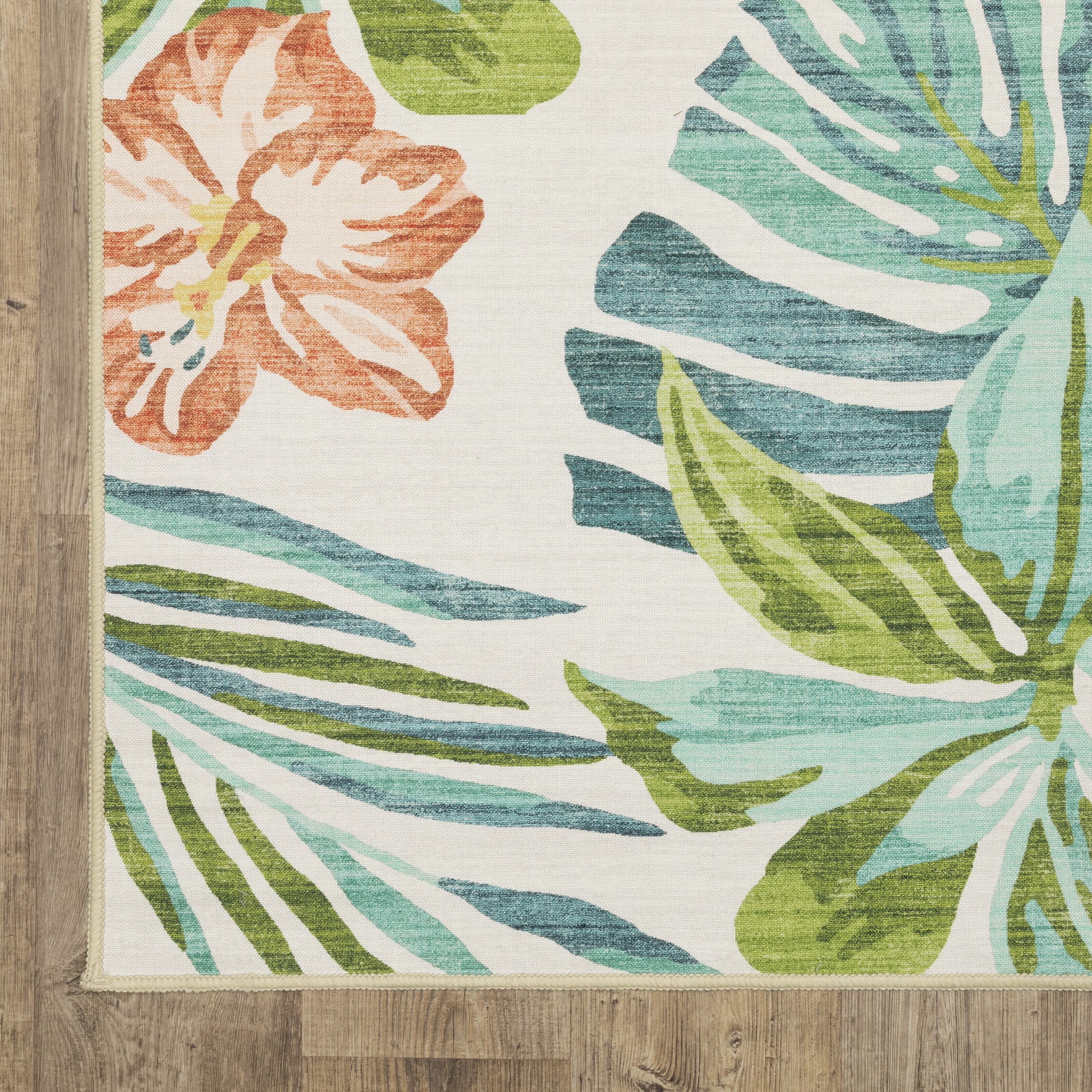 Tropical Blue and Green Floral Washable Polyester Rug, 2' x 8'