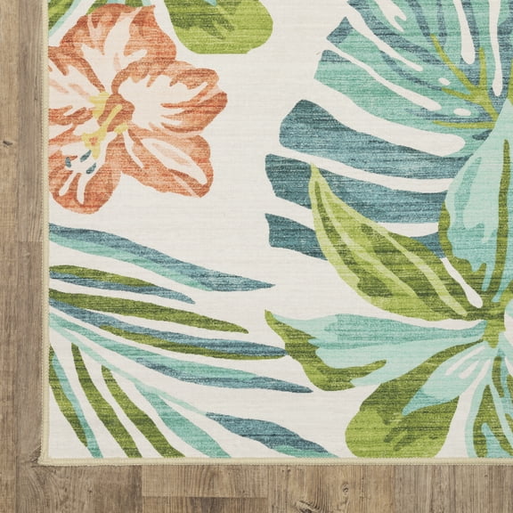 Style Haven Flores Flamingo Palms Salmon/Blue Indoor-Outdoor Washable Rug 5' x 7'