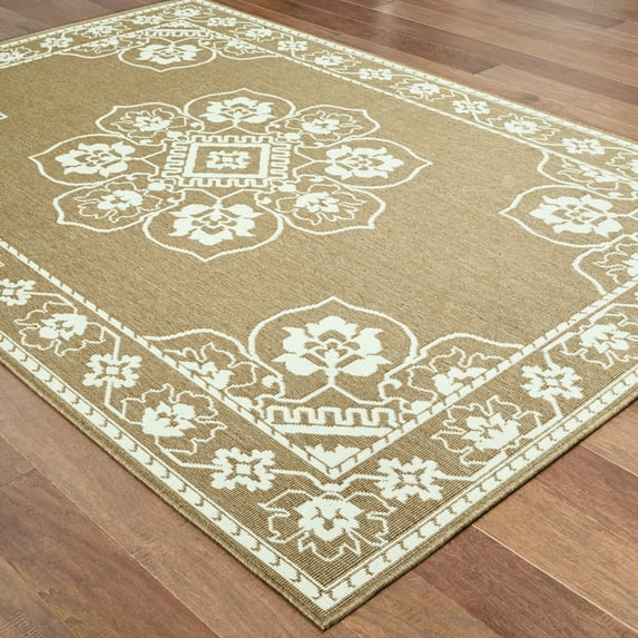 Style Haven Marianna Bordered Medallion Loop Pile Indoor Outdoor Area Rug Tan/Off-White 2'5" x 4'5" 3' x 5' Accent, Outdoor, Indoor Entryway,