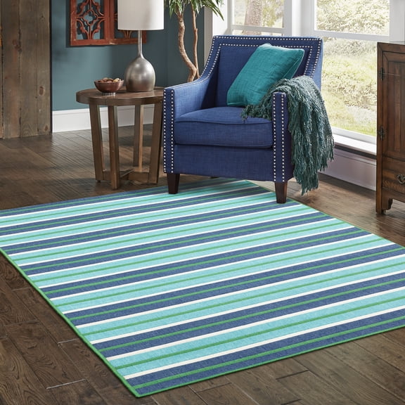 Style Haven Martinique Feeling the Blues Striped Indoor Outdoor Rug 6'7" x 9'6" 6' x 9' Outdoor, Indoor Kitchen, Patio, Dining Room Rectangle