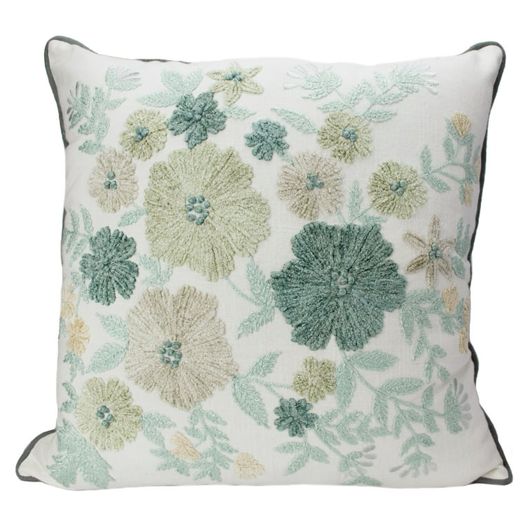 Style House Cotton Embroidered Floral Square Decorative Pillow 20 x 20,  Blue