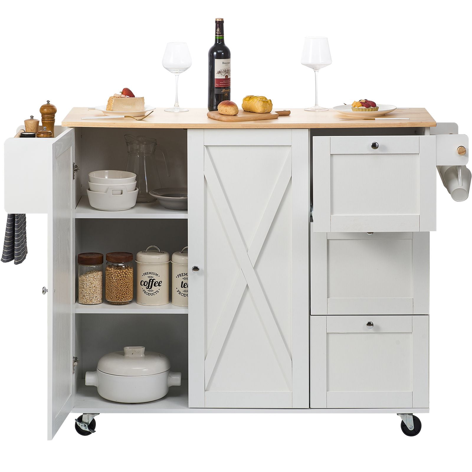 Style Kitchen Island Cart with Solid Wood Top, 45.3" Wide Mobile Cart with Storage Cabinet, Spice Rack, Towel Holder, Drop Leaf & Drawer, White - Portable Rolling Kitchen Island with Wheels
