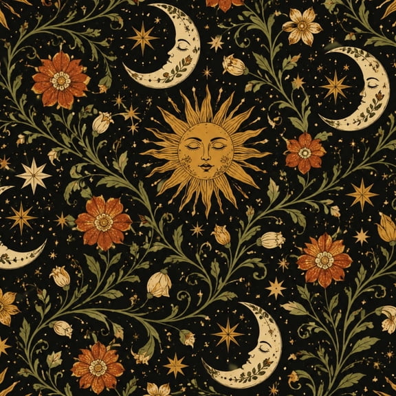 Peel and Stick Wallpaper Vintage Celestial Sun Moon Stars Floral Elements Wall Mural 17.7in x 9.8ft Self Adhesive Removable Wall Paper Renter Friendly Wallpaper for Nursery Bedroom Cabinets