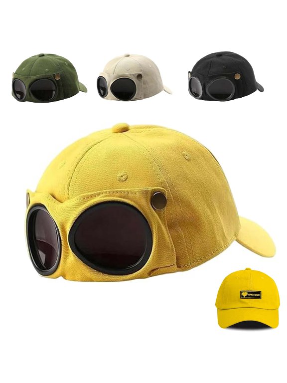 Style Pilot Baseball Cap, Style Aviator Sunglasses Baseball Cap for Men, Trendy Pilot Hat with Built-in Glasses, Curved Visor, Casual Style (Yellow)