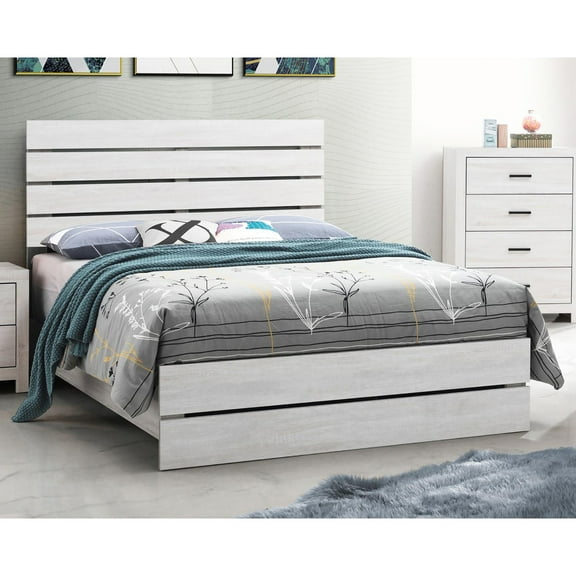 Style Queen Bed In Coastal White - Slatted Headboard For Bedroom A Relaxing Ambiance