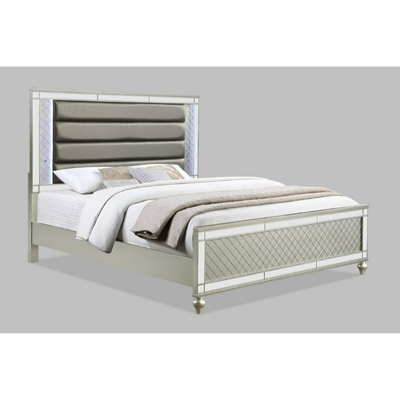 Style Queen Size Bed With Champagne Finish, White & Blue , Faux Leather Headboard And Solid Wood Base Stylish Panel In Equipped Led Lights, Mirror Accents, Upholstery, Stable