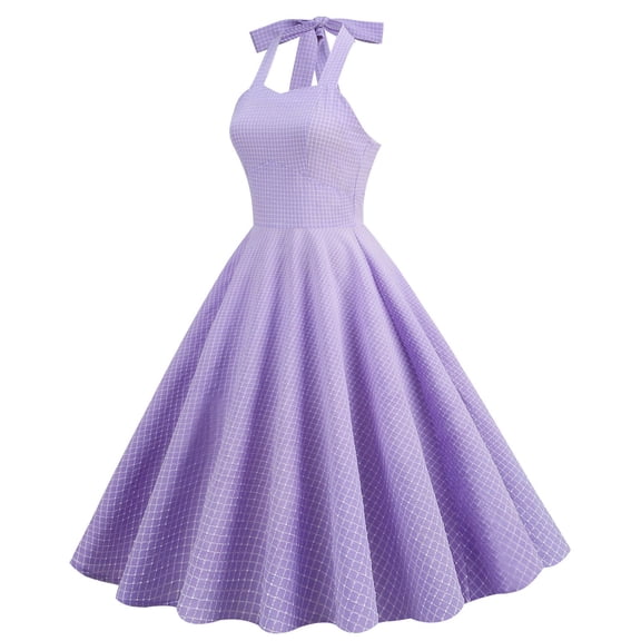Style Retro Plaid Temperament Thin Boat Neckline High Waist Elastic Halterneck Tie Mid Length Hem Dress Women Dresses Casual Fall Dresses for Women Casual Summer Drawstring Waist Dress Sunday Dress
